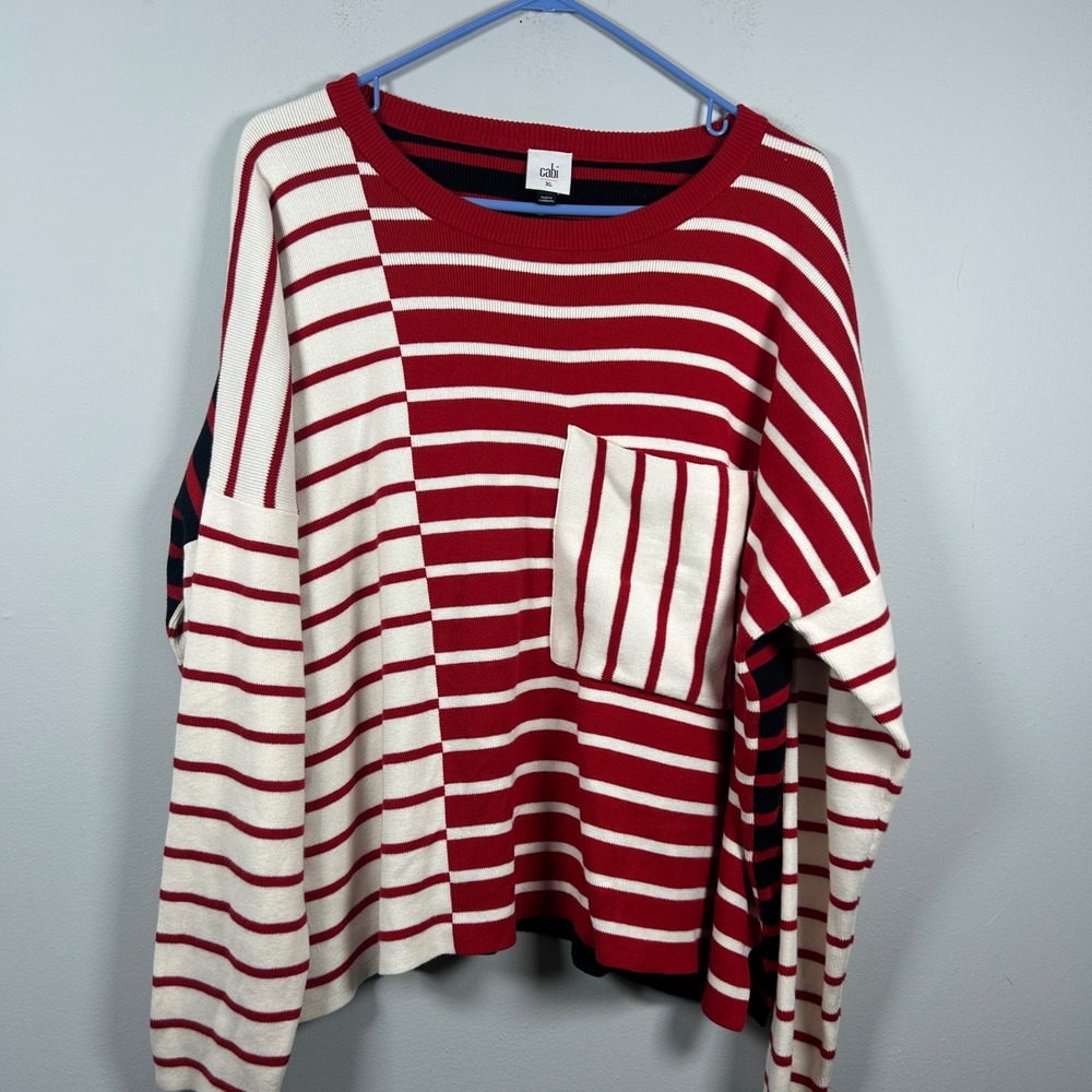 Cabi Striped Colorblock Sweater Womens XL Red Oversized Preppy Pocket 5635